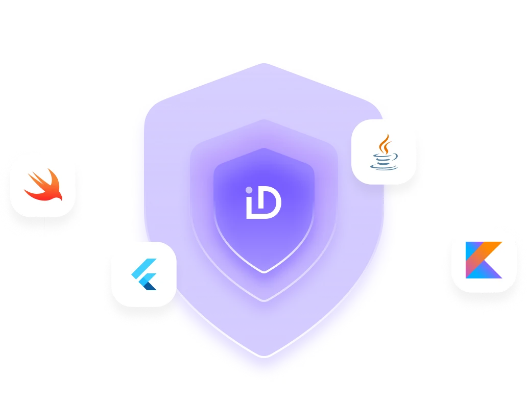 Swift, Flutter, Java va Kotlin logolari bilan o'ralgan 3D xavfsizlik qalqoni